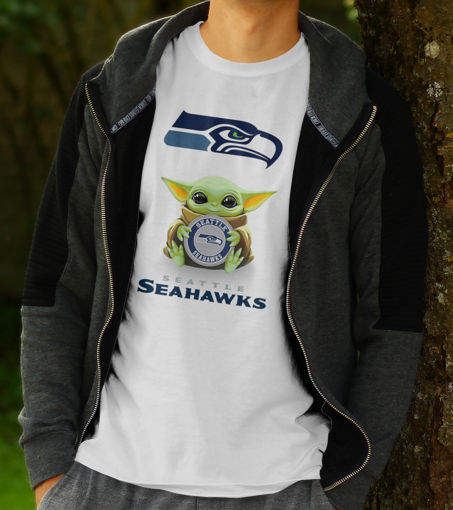 Baby Yoda Seattle Seahawks Hugging Logo With Team Name T-Shirt