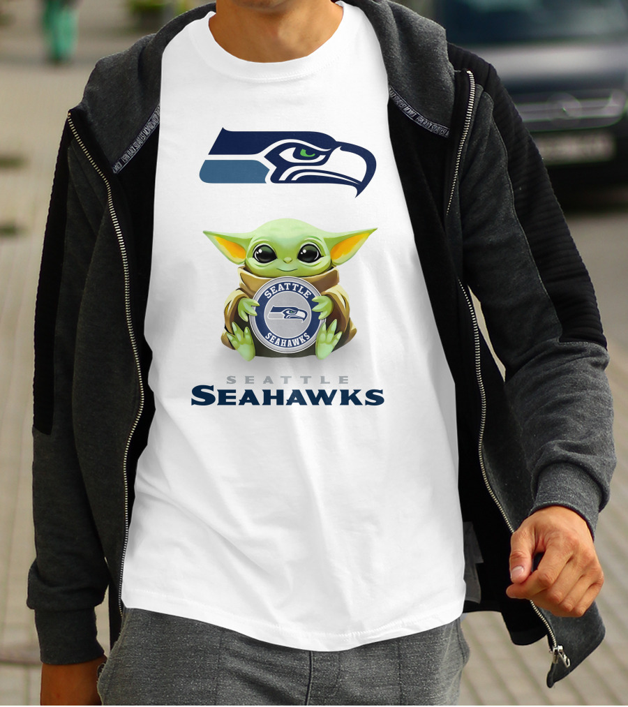 Baby Yoda Seattle Seahawks Hugging Logo With Team Name T-Shirt