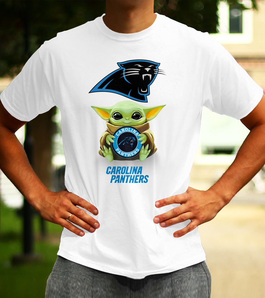 Star Wars Baby Yoda Holding Carolina Panthers Emblem T-Shirt
