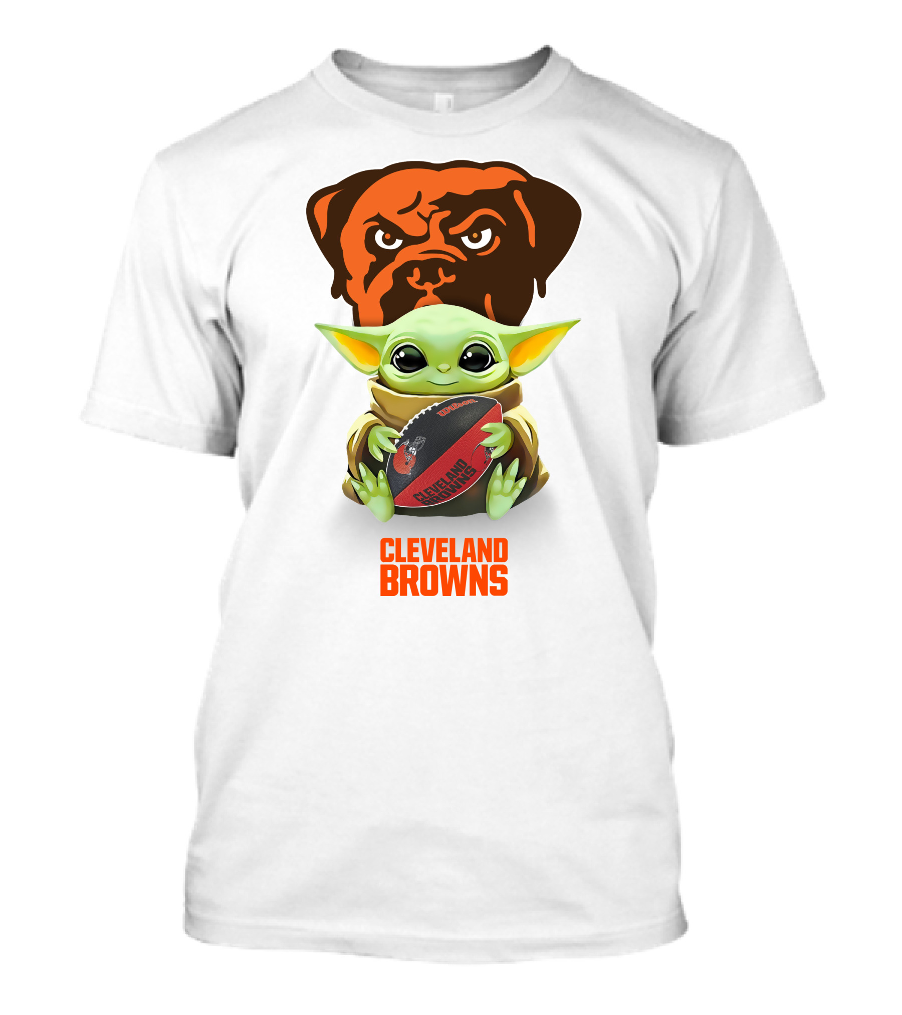 Baby Yoda Holding Cleveland Browns Football With Team Logo Background T-Shirt