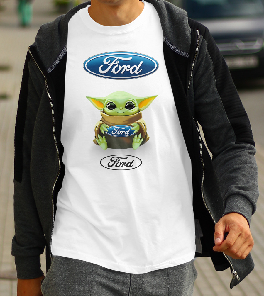 Star Wars Baby Yoda Holding Ford Logo White Background T-Shirt
