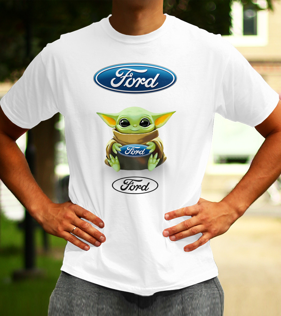 Star Wars Baby Yoda Holding Ford Logo White Background T-Shirt