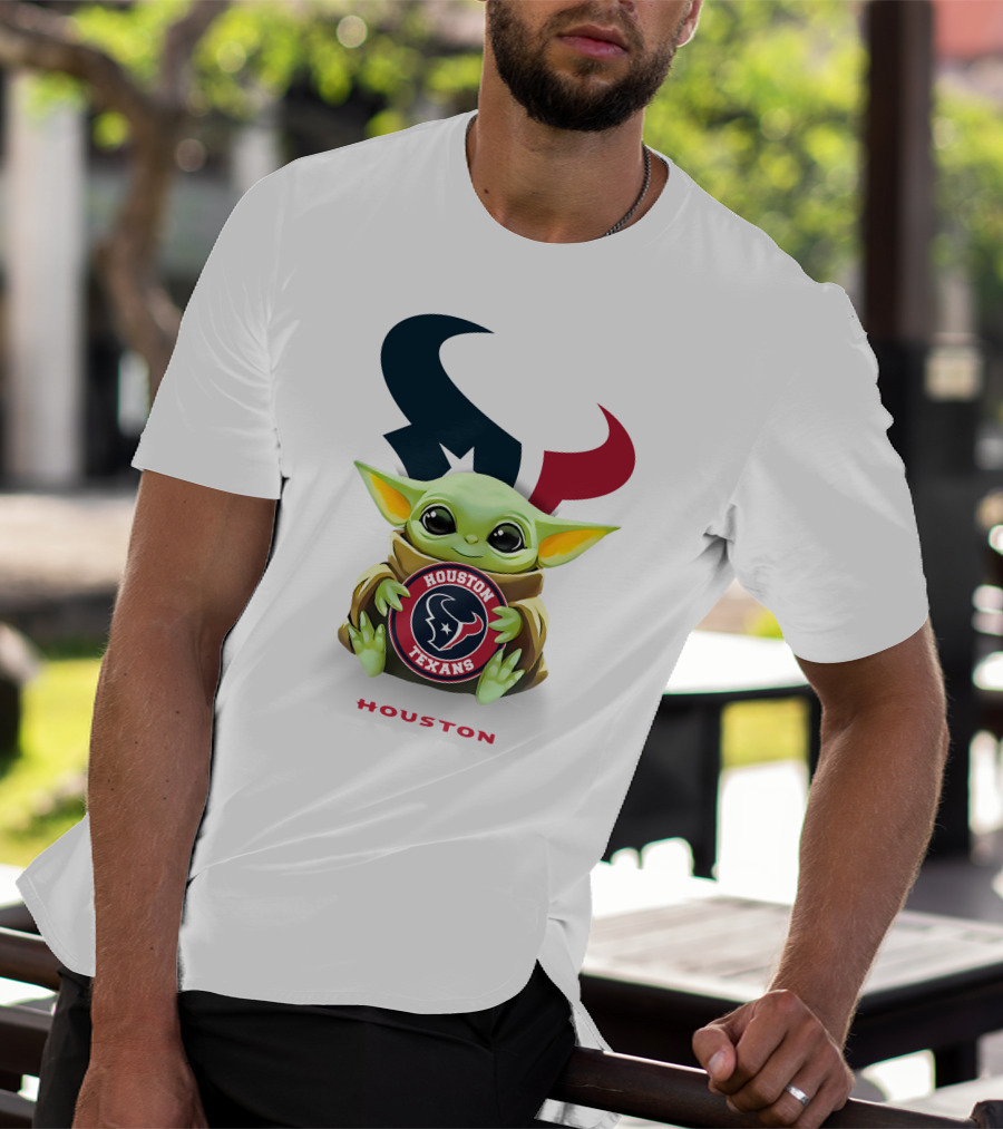 Star Wars Baby Yoda Holding Houston Texans Emblem With Houston Text T-Shirt