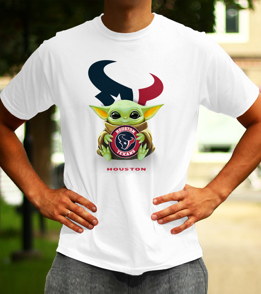 Star Wars Baby Yoda Holding Houston Texans Emblem With Houston Text T-Shirt