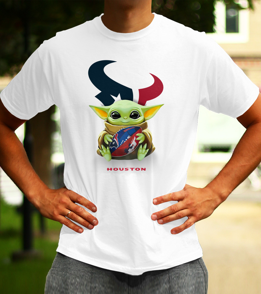 Star Wars Baby Yoda Hug Houston Texans Football Tailgate White Iconic T-Shirt