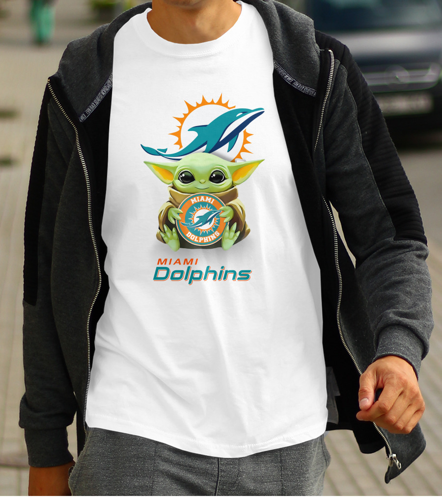 Miami Dolphins Baby Yoda Hugging Logo Star Wars White T-Shirt