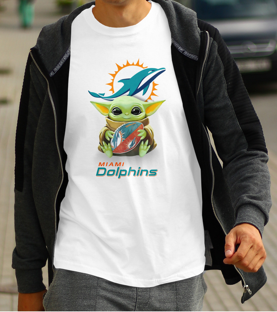 Star Wars Baby Yoda Hug Miami Dolphins Football Tailgate White T-Shirt