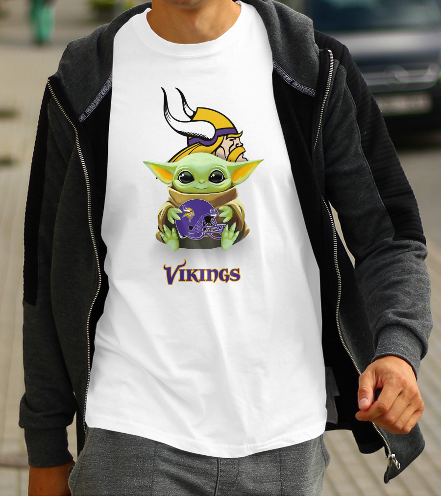 Star Wars Baby Yoda Holding Minnesota Vikings Helmet With Vikings T-Shirt