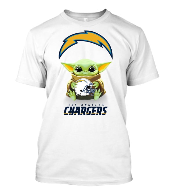 Star Wars Baby Yoda Hug Los Angeles Chargers Helmet White T-Shirt