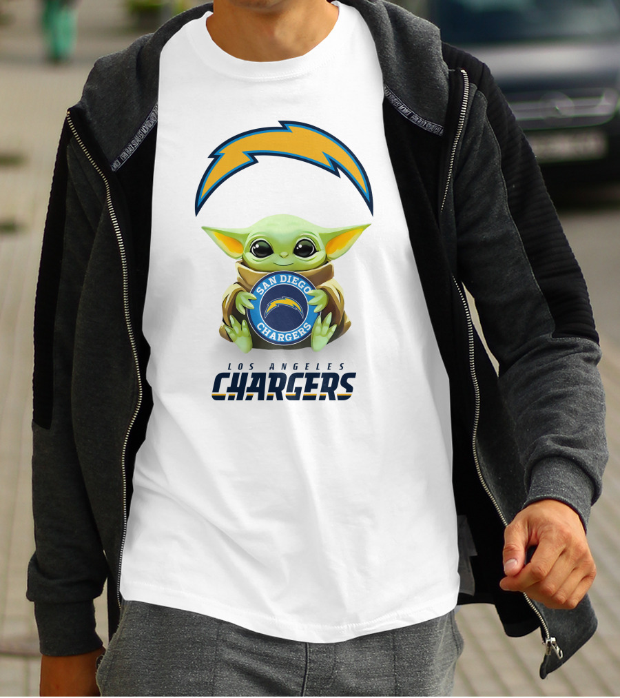 Baby Yoda Holding San Diego Chargers Logo With Los Angeles Chargers Text T-Shirt