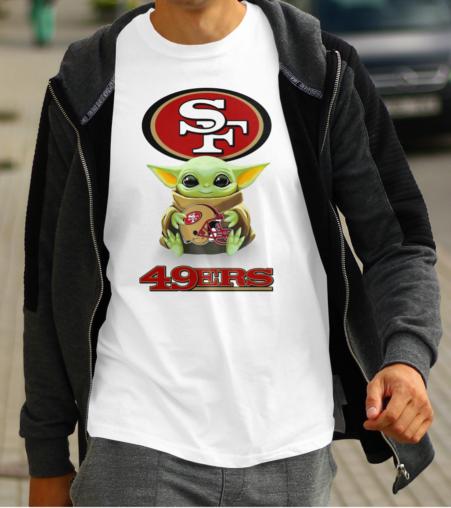 Star Wars Baby Yoda Holding San Francisco 49ers Helmet Logo SF 49ers T-Shirt