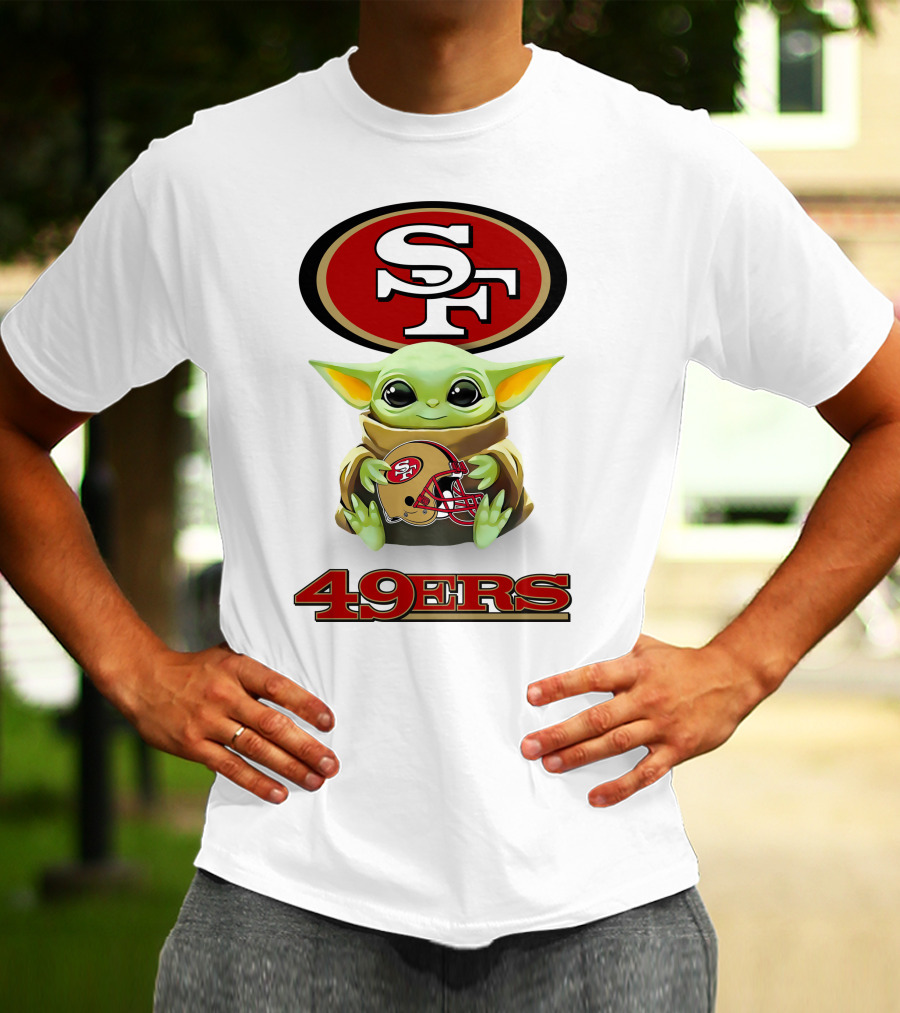 Star Wars Baby Yoda Holding San Francisco 49ers Helmet Logo SF 49ers T-Shirt