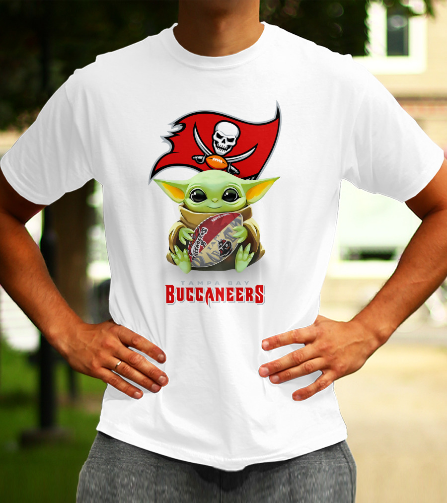 Star Wars Baby Yoda Holding Tampa Bay Buccaneers Football T-Shirt