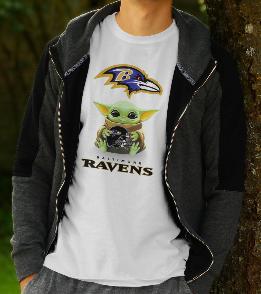 Baltimore Ravens Grogu Holding Ravens Helmet With Team T-Shirt