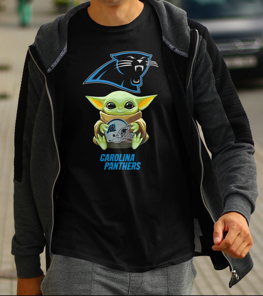 Grogu Holding Carolina Panthers Helmet With Team T-Shirt