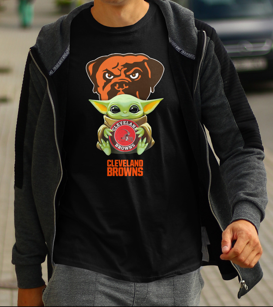Grogu Holding Cleveland Browns Emblem With Team Mastiff Background T-Shirt
