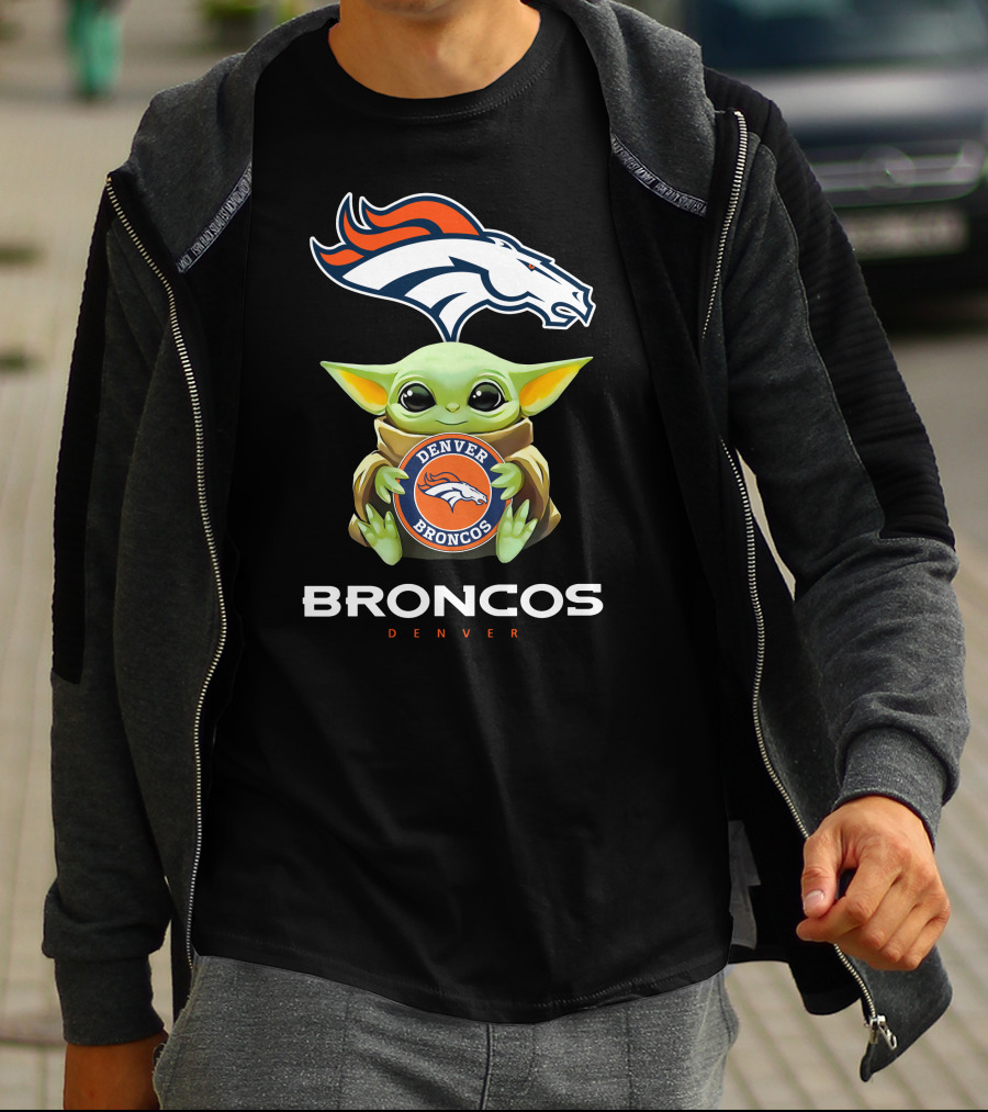 Denver Broncos Grogu Holding Team Emblem T-Shirt
