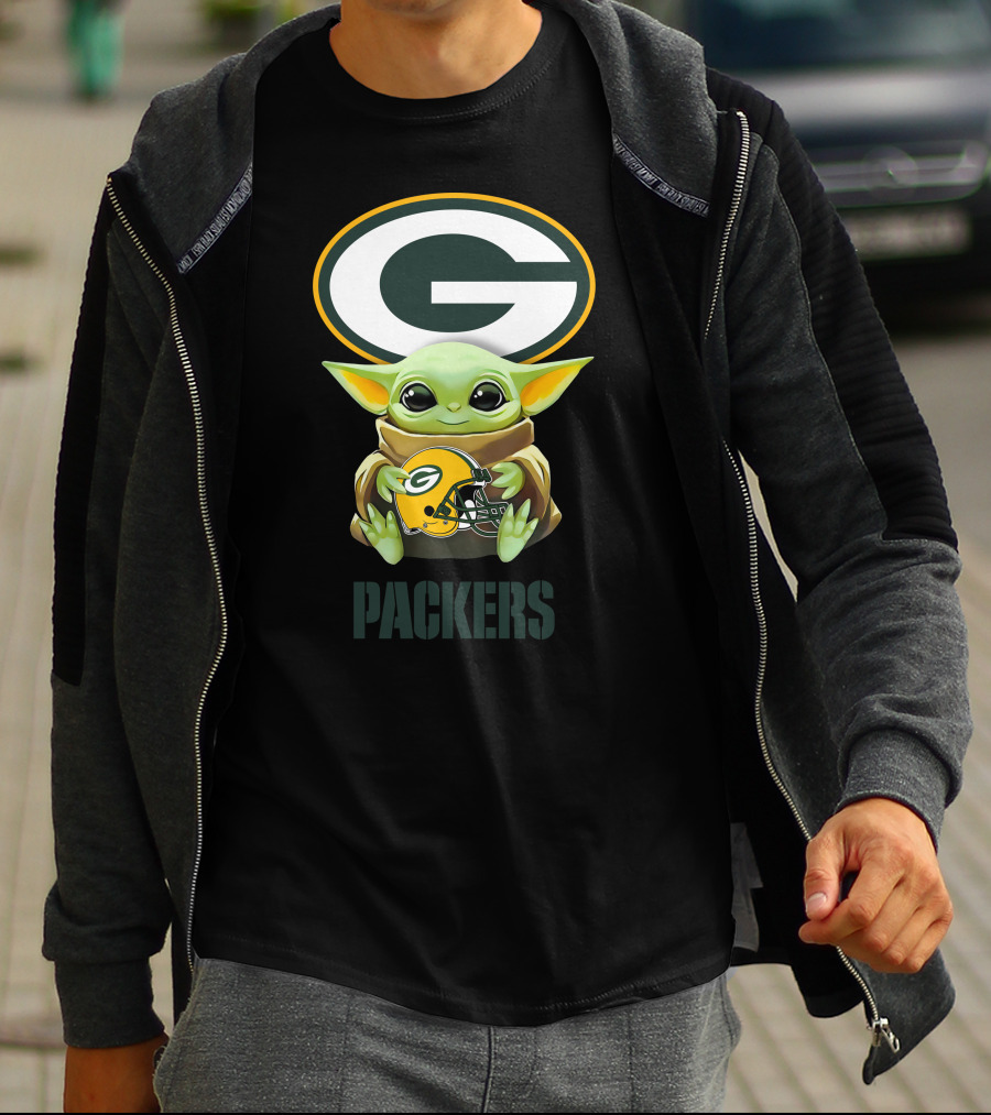 Grogu Holding Green Bay Packers Helmet With Packers T-Shirt