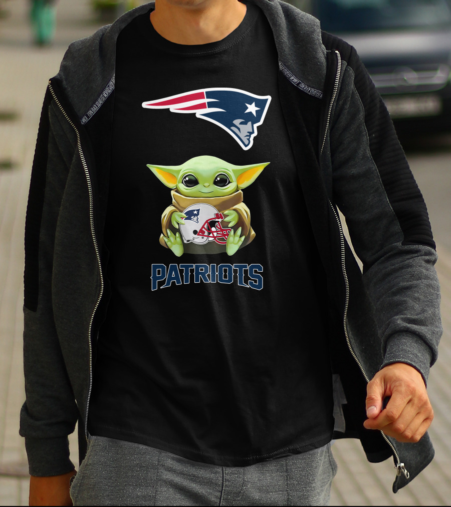 Grogu Holding New England Patriots Helmet With Logo And Patriots Text T-Shirt