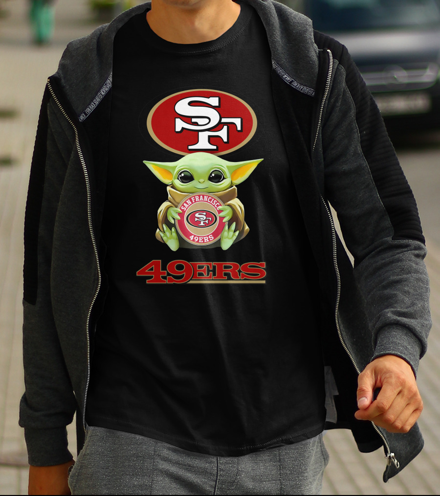 Grogu Holding San Francisco 49ers SF Logo With 49ers Text T-Shirt