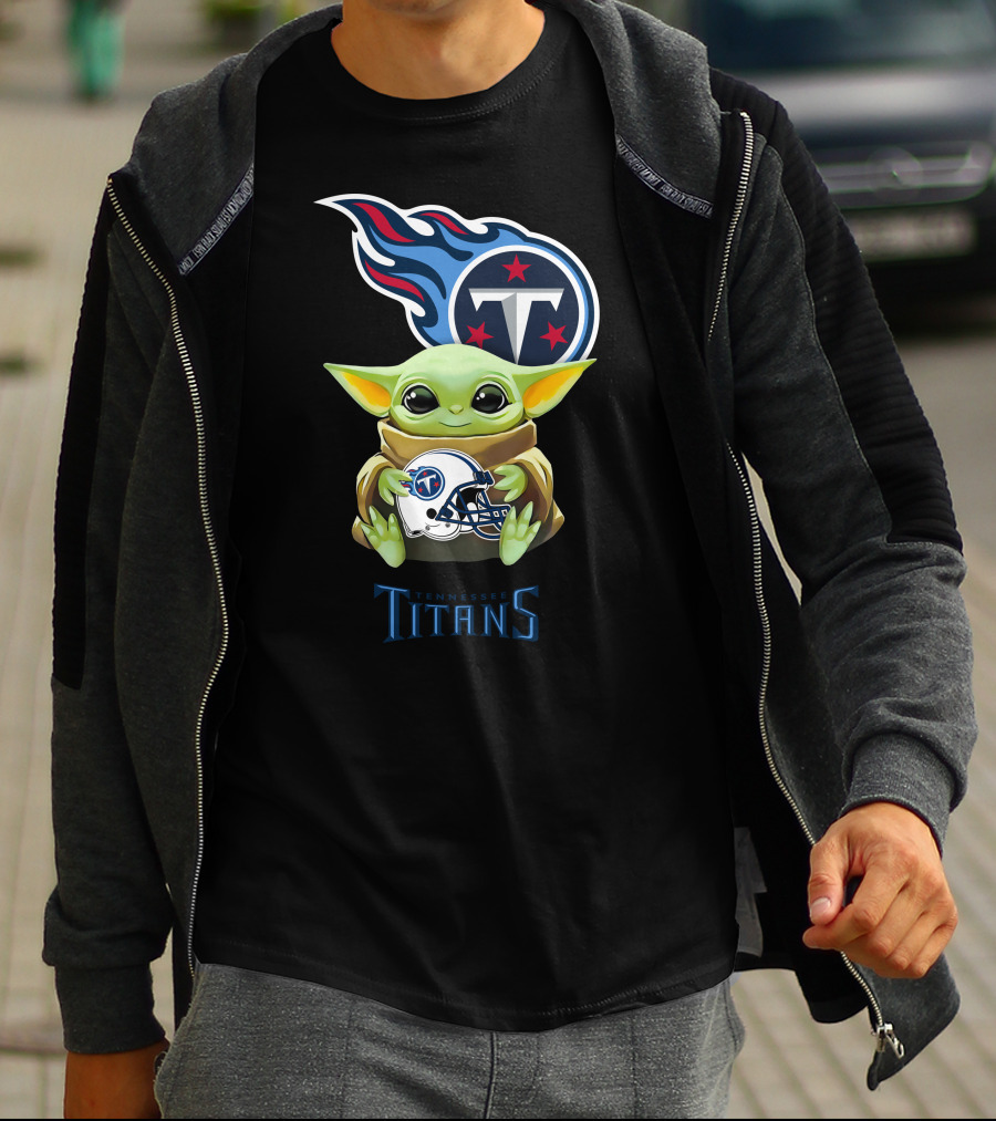 Grogu Holding Tennessee Titans Helmet With Team T-Shirt