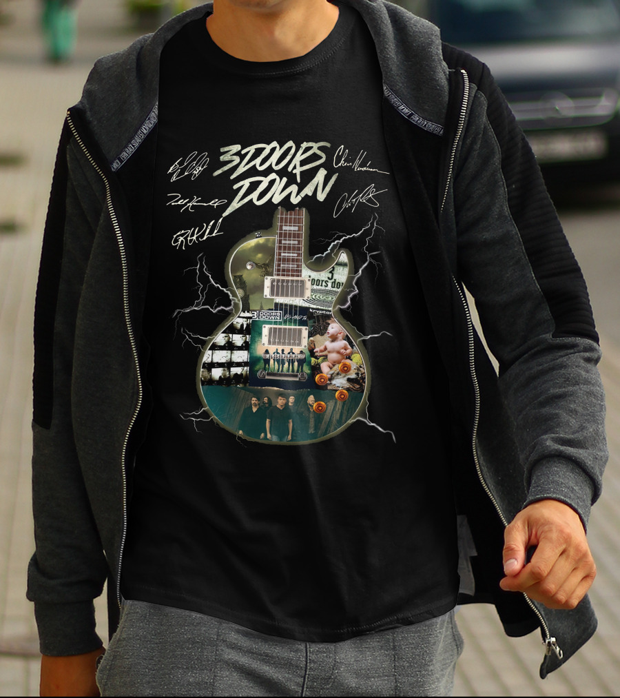 3 Doors Down Guitar Lightning Collage With Band Signatures T-Shirt