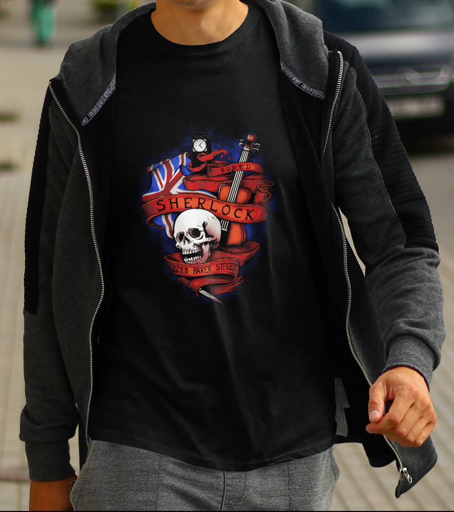Sherlock Bored Skull Violin Union Jack 221B Baker Street T-Shirt