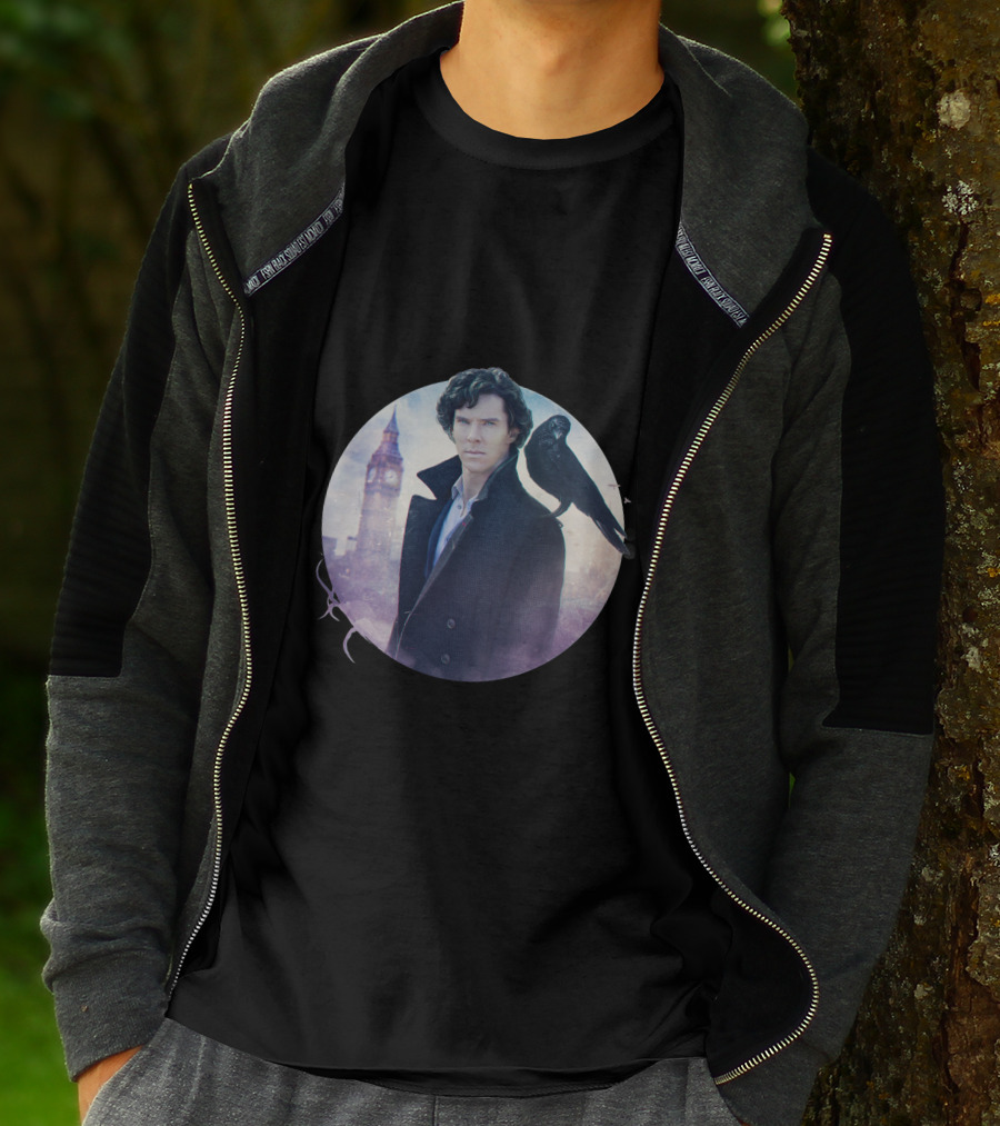 S.H Art Detective Silhouette With Crow And Clock Tower T-Shirt