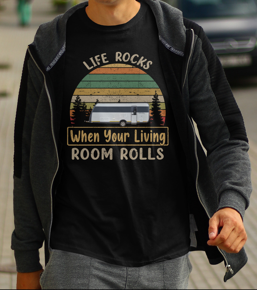 Life Rocks When Your Living Room Rolls Vintage Stripes Caravan Forest T-Shirt