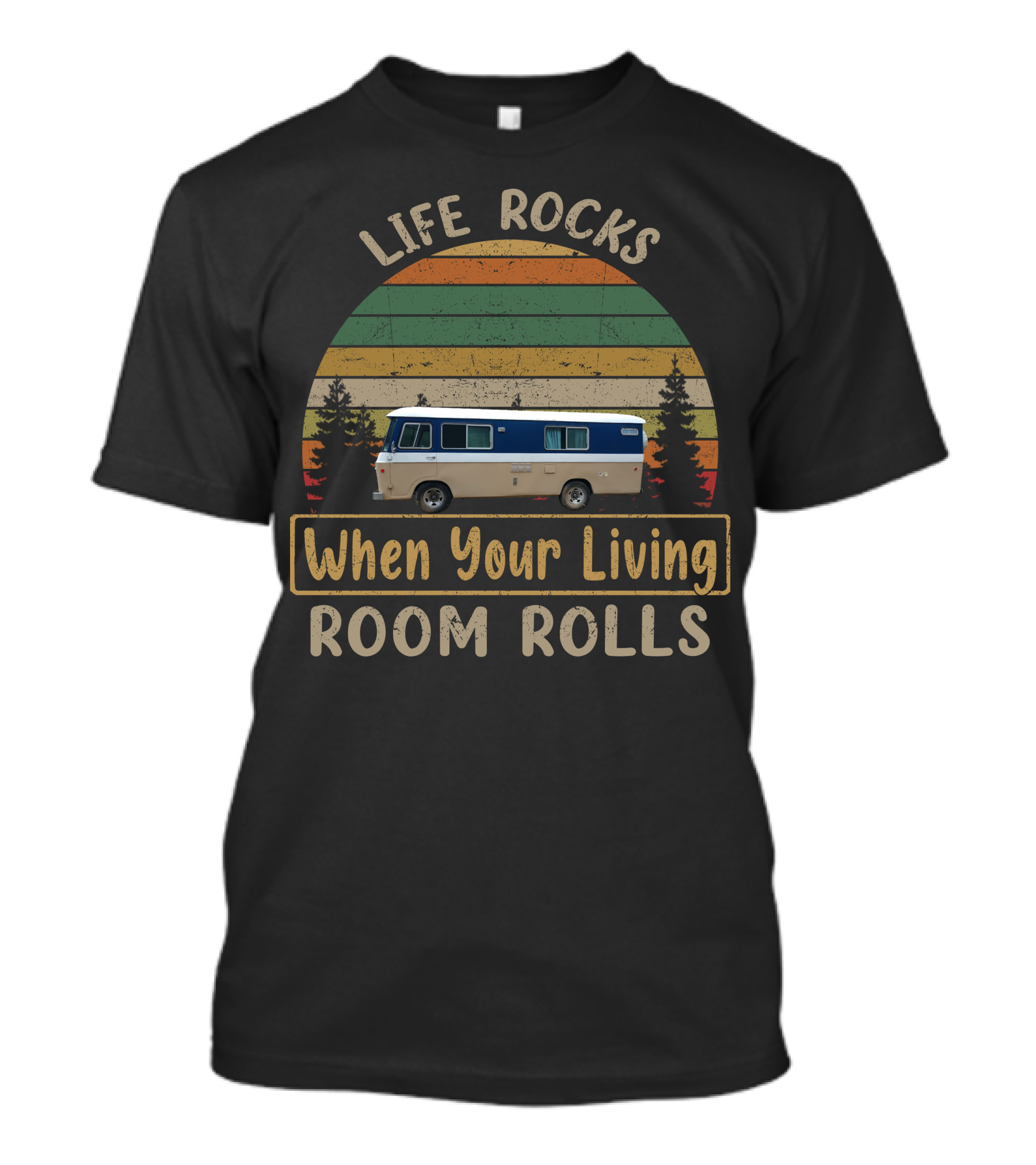 Life Rocks When Your Living Room Rolls Cascade Cortez Vintage Camper Van Retro Stripes T-Shirt