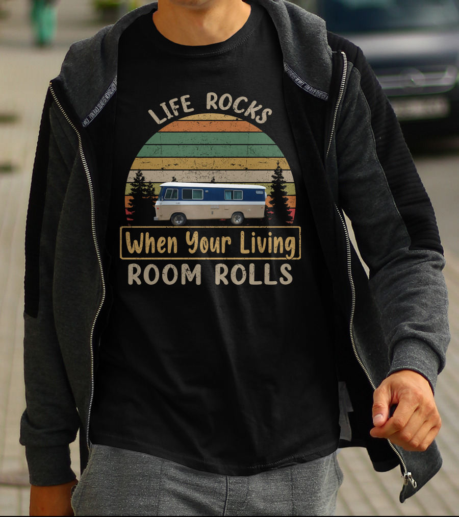 Life Rocks When Your Living Room Rolls Cascade Cortez Vintage Camper Van Retro Stripes T-Shirt