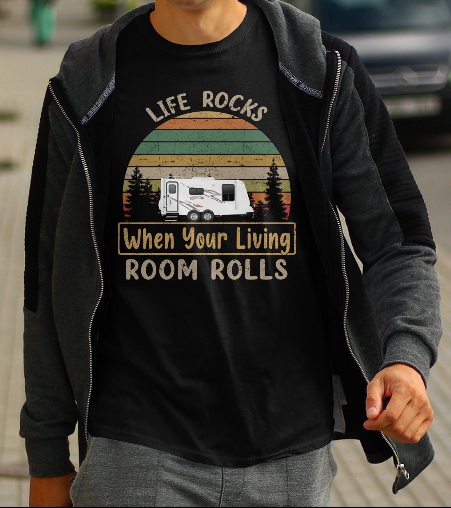 Life Rocks When Your Living Room Rolls Bigfoot RV Vintage Striped Sunset T-Shirt