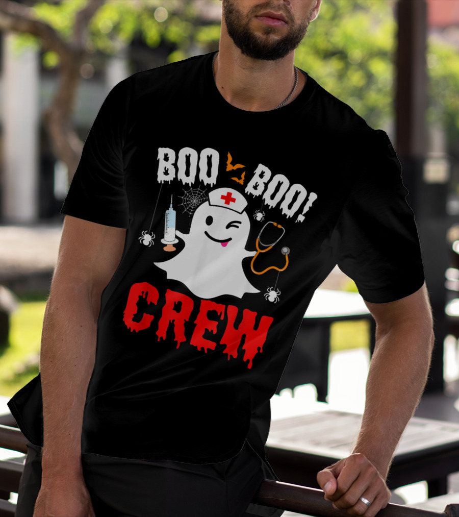 Boo Boo Crew Nurse Ghost Halloween Spiders Bats Stethoscope T-Shirt