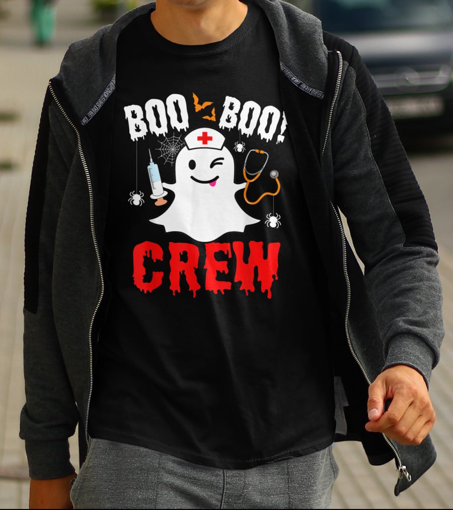 Boo Boo Crew Nurse Ghost Halloween Spiders Bats Stethoscope T-Shirt