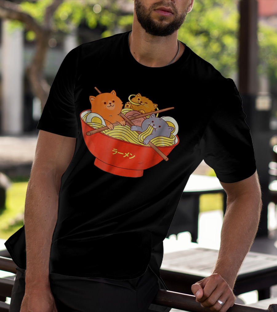 Kawaii Anime Cat Ramen Noodles In Red Bowl With Japanese Text T-Shirt