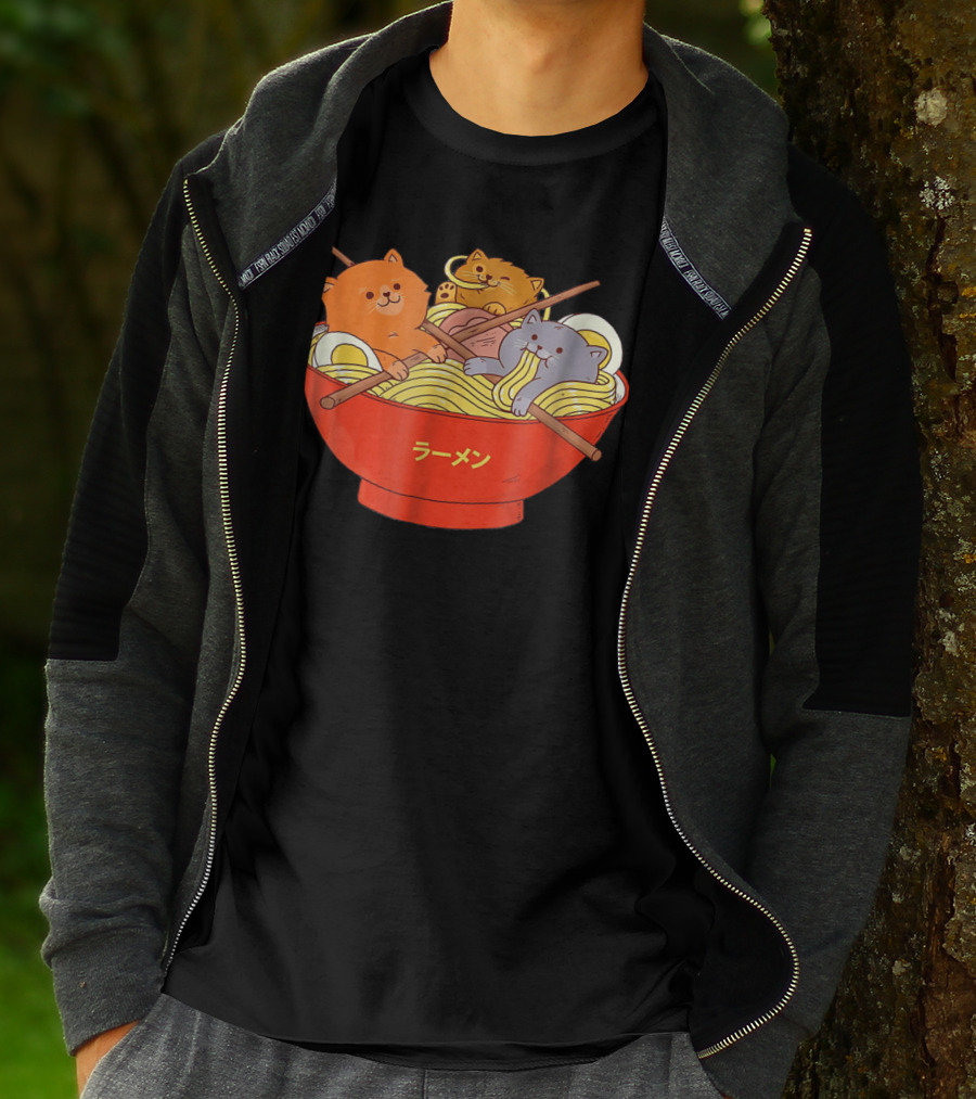 Kawaii Anime Cat Ramen Noodles In Red Bowl With Japanese Text T-Shirt