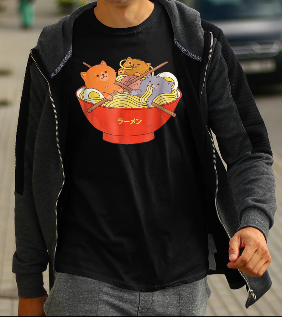 Kawaii Anime Cat Ramen Noodles In Red Bowl With Japanese Text T-Shirt