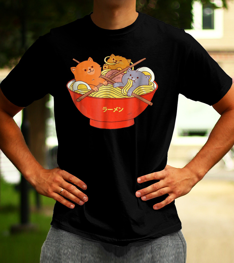 Kawaii Anime Cat Ramen Noodles In Red Bowl With Japanese Text T-Shirt