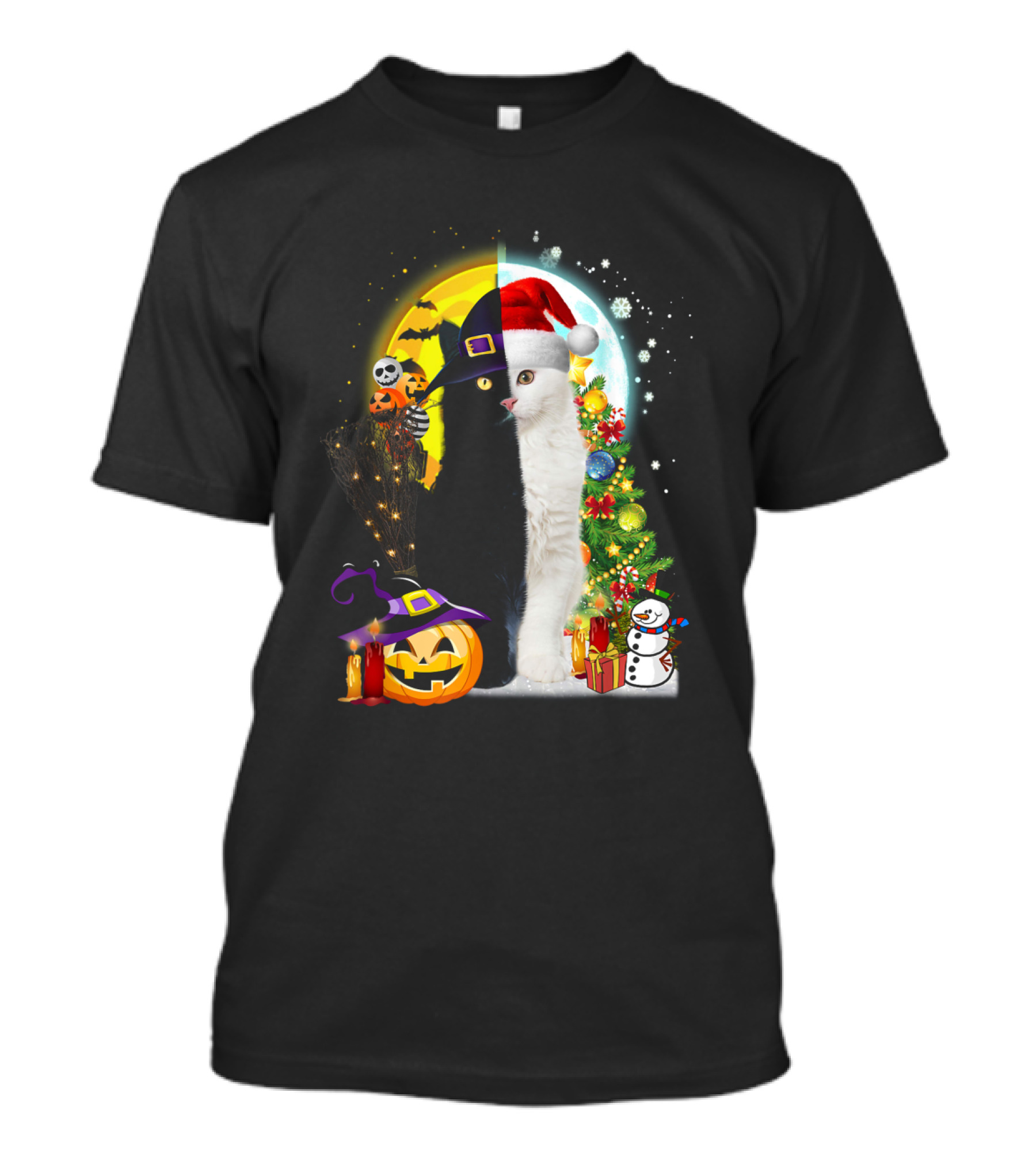 Black And White Cat Halloween Pumpkin Witch Hat And Merry Christmas Tree Santa Hat Snowman T-Shirt