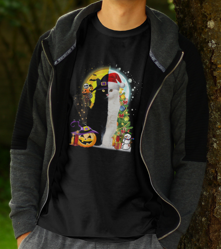 Black And White Cat Halloween Pumpkin Witch Hat And Merry Christmas Tree Santa Hat Snowman T-Shirt