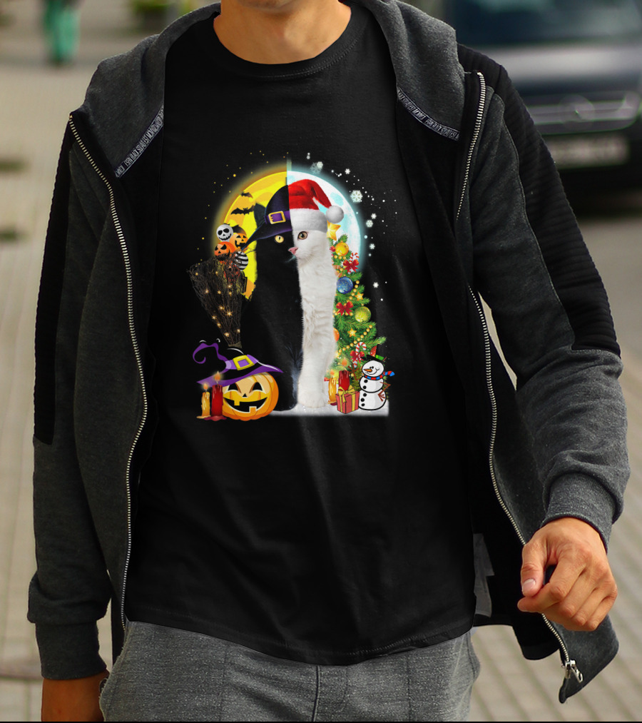 Black And White Cat Halloween Pumpkin Witch Hat And Merry Christmas Tree Santa Hat Snowman T-Shirt
