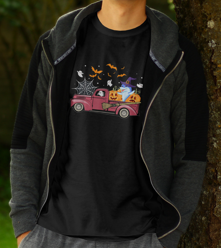 Halloween Ghost Dolphin Riding Red Truck With Pumpkins And Witch Hat T-Shirt