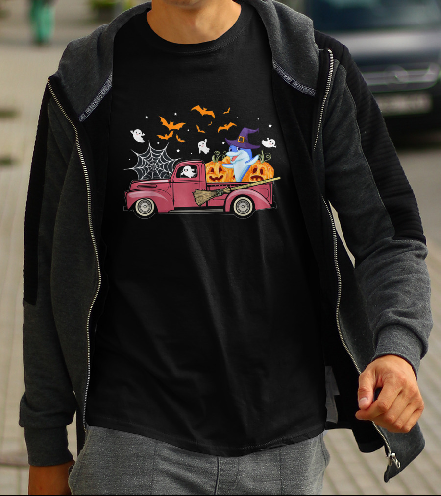 Halloween Ghost Dolphin Riding Red Truck With Pumpkins And Witch Hat T-Shirt