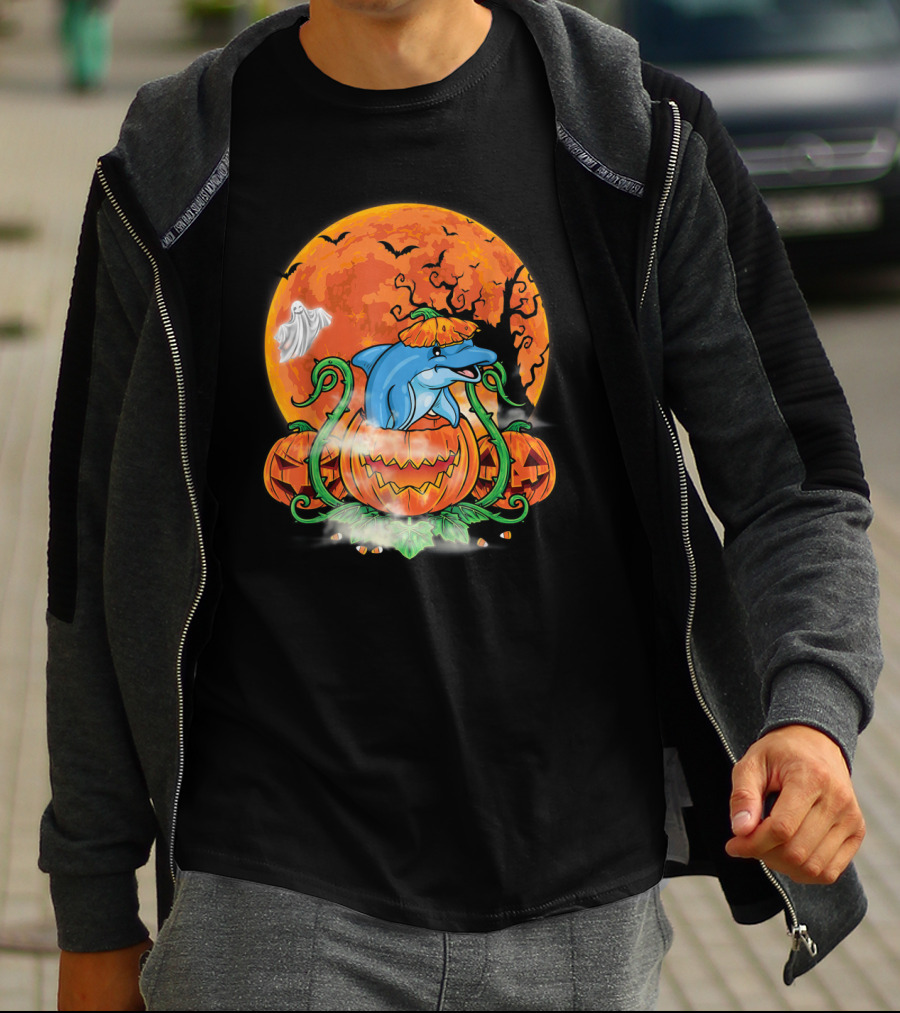 Dolphin Inside Pumpkin With Halloween Moon And Ghost T-Shirt