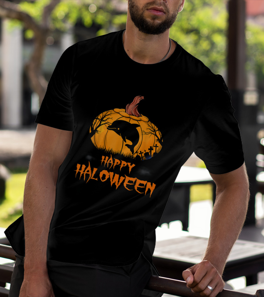 Happy Halloween Dolphin Silhouette In Pumpkin Graveyard Scene T-Shirt