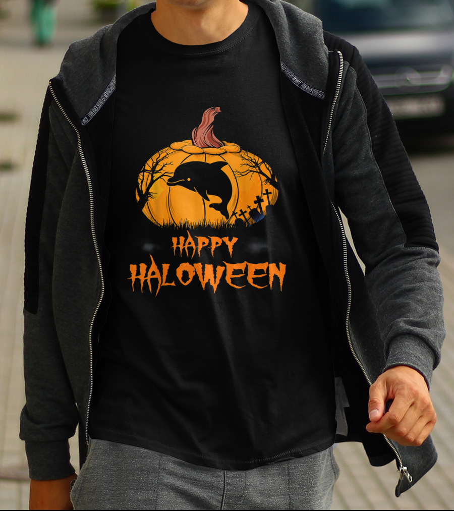 Happy Halloween Dolphin Silhouette In Pumpkin Graveyard Scene T-Shirt