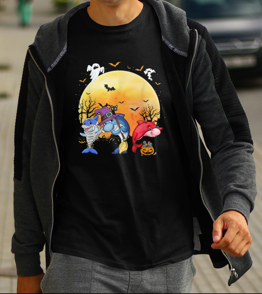 Halloween Dolphins: Mummy, Witch, And Devil With Ghosts And Bats T-Shirt