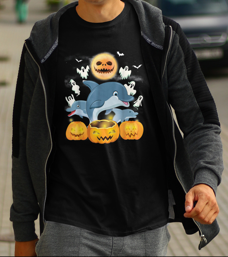 Team Dolphins Halloween Adventure Pumpkin Ghost Moon Bat Fun T-Shirt