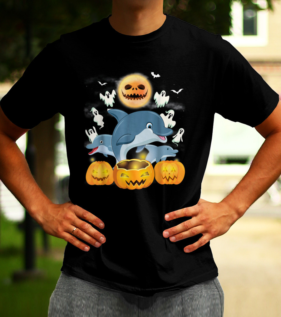 Team Dolphins Halloween Adventure Pumpkin Ghost Moon Bat Fun T-Shirt