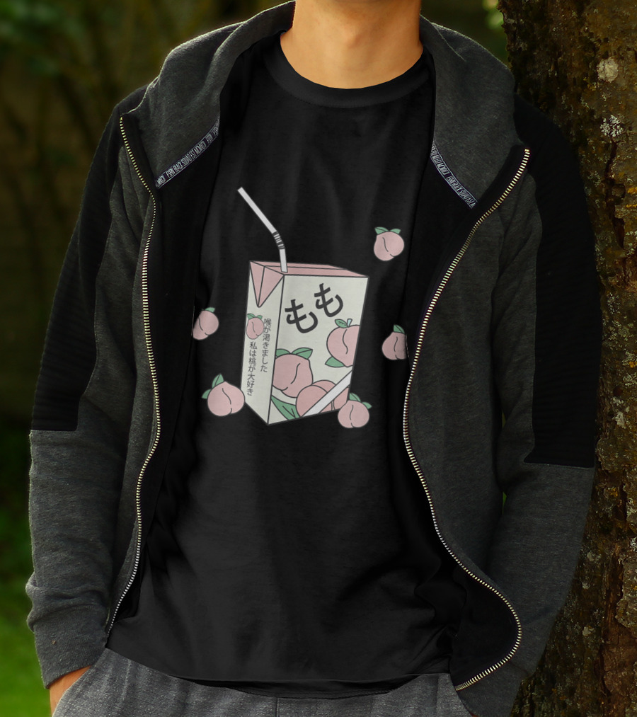 90s Japanese Aesthetic Otaku Anime Peach Juice Box With Kanji And Pastel Peaches T-Shirt